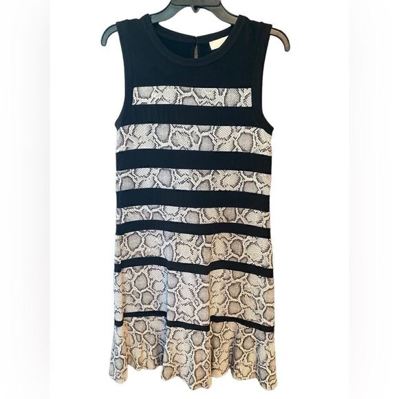 Michael Kors NWT Sz M Black Snake Print Stripe Fit & Flare with Kick Hem Dress - Picture 3 of 7